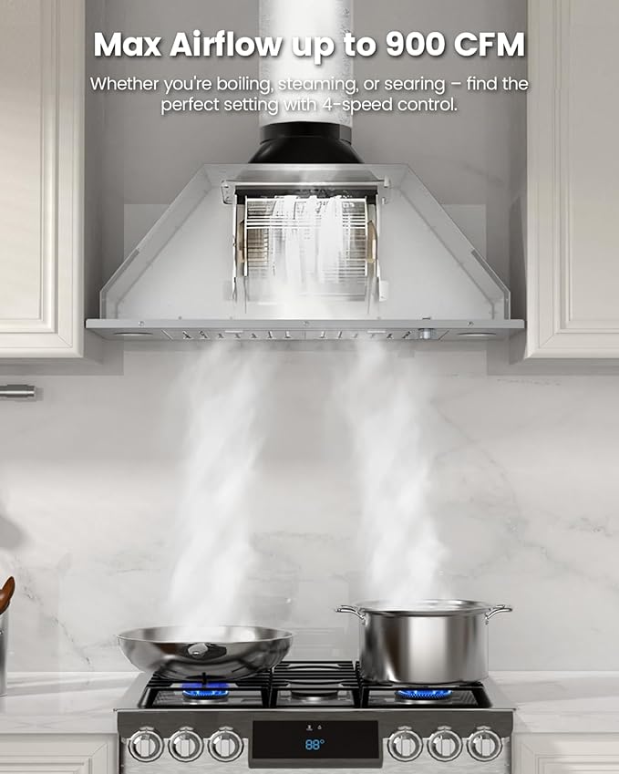 JOCO 30 Inch Range Hood Insert, 900 CFM Stainless Steel Built-In Kitchen Vent Hood, Convertible for Ducted or Ductless Installation, 4-Speed Knob Control, Model B01-30K