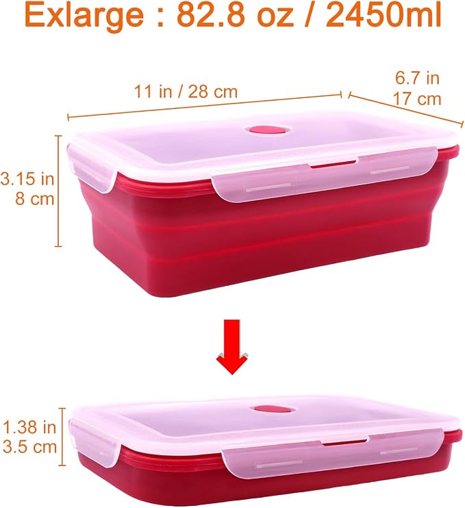 Set of 2 Extra Large Collapsible Silicone Food Storage Containers With Lids,82.8oz + 60.2oz Meal Prep Box, Bento Lunch Boxes, Rv Collapsible Bowls For Camping, Kitchen, BPA Free(Red and Yellow)