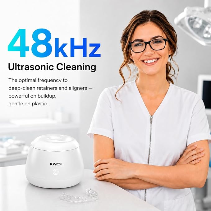 Ultrasonic Retainer Cleaner Machine - 48kHz Aligner and Denture Cleaner for Mouth Guard, Night Guard, Dental Trays, Braces, Toothbrush and Jewelry with 200ml Capacity