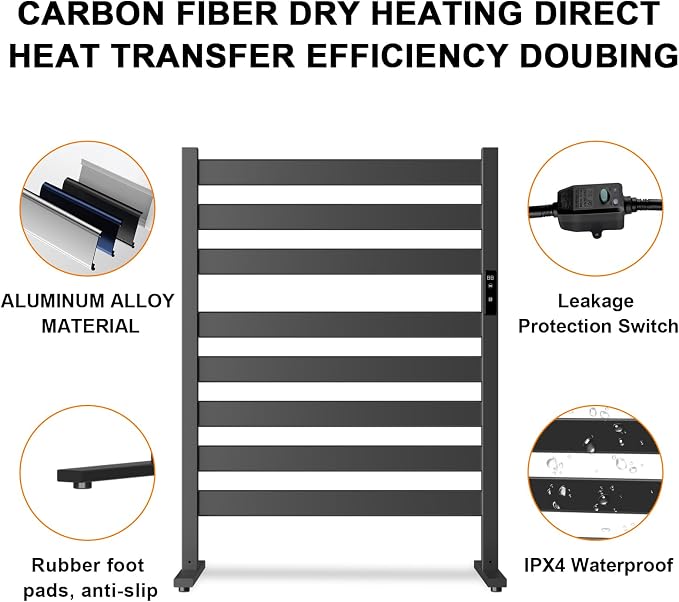 Verida Towel Warmer for Bathroom, Heated Towel Rack, Upgraded Extra-Wide Heating Area, Built-in Timer and Temperature Adjustment, Large Free-Standing Heated Towel Racks, Black 8 Bar Large
