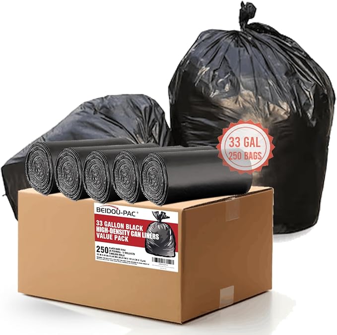 BEIDOU-PAC 33 Gallon Trash Bags, 250 Count Bulk, Black Garbage bags, Multi-purpose Trash Can Bin Liners for Home Commercial, Outdoor, Construction, Industrial, Janitorial, Municipal, Lawn, Leaf