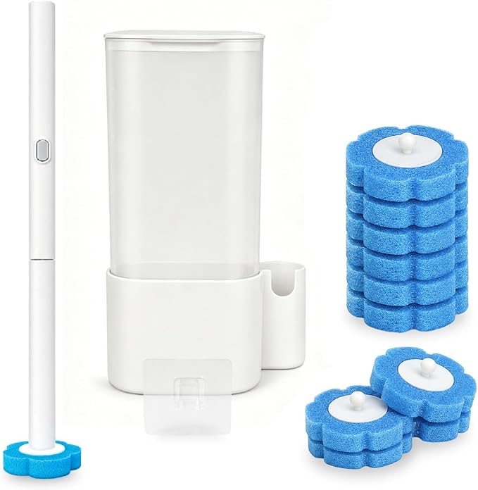 Disposable Toilet Brush with 42 Refills, Toilet Bowl Cleaner Brush with Holder, Wall Mounted Toilet Wand Kit, Random Color Refill Heads in Blue, Yellow or Purple