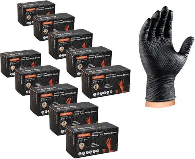 ANBOSON 10 Mil Nitrile Disposable Gloves Heavy Duty Mechanic Gloves Raised Diamond Texture Thick (Black of 1000, X-Large)