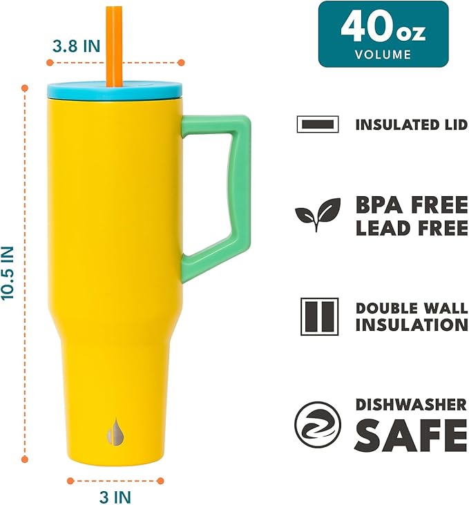 Elemental 40 oz Tumbler with Handle and Straw - Spill Proof Insulated Stainless Steel Commuter for Cold Beverages - Travel Coffee Mug with 2 Straws & Spill Proof Lid - 40oz - Lemon Zest