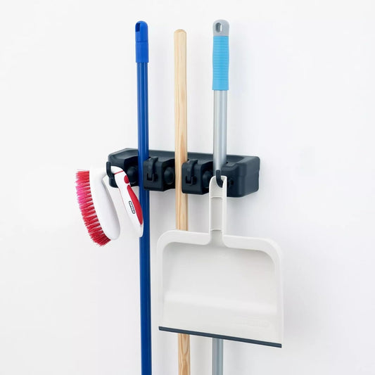 Broom and Mop Holder Wall Mount, Hooks Hanger for Mops and Broom, Organizer Kit with 3 Slots and 4 Hooks, Perfect for House, Bathroom, Laundry, Garden, Tool Room, Garage, Wall Mounted, Black