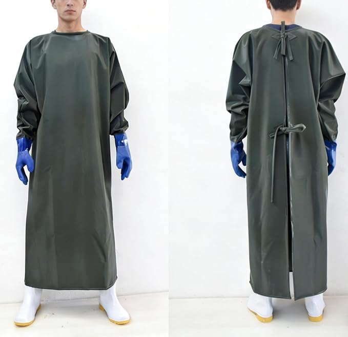 SUJAN Heavy Duty Waterproof PVC Coated Apron with Gloves, Chemical Resistant, Oil-Proof Reusable Work Gown for Food Processing Car Washing, Lab and Industrial Use Green L