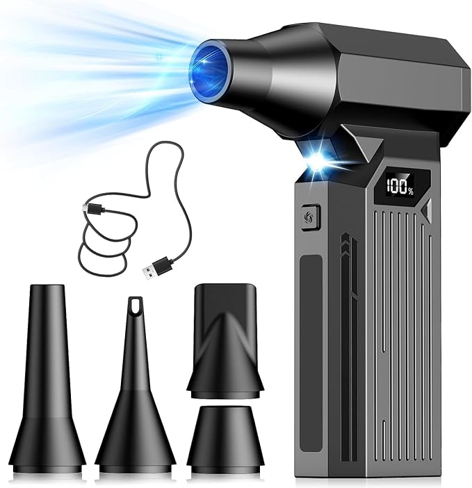 BENJEN Cordless Compressed Air Duster 130000RPM Rechargeable | 4 adjustable gears, 5 multifunction nozzles, brushless motor, for computer, keyboard, car, home & outdoor cleaning