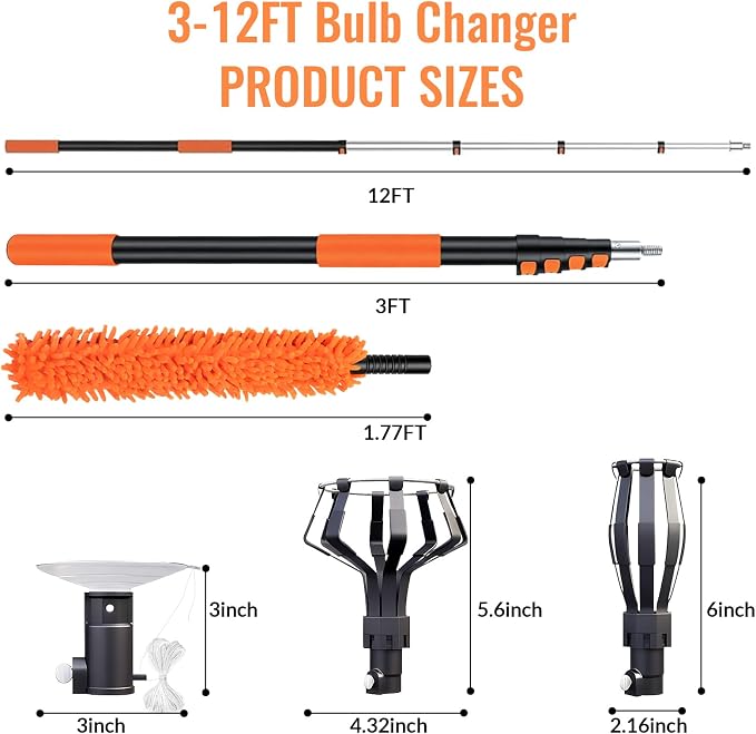 PMMJ Light Bulb Changer for High Ceilings with 18FT Reach, Telescopic Extension Pole for High Ceilings and Recessed Lights (4-12FT) with Baskets, Suction Cup and Duster with Extension Pole