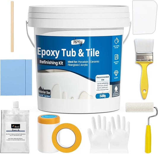 Venry Tub and Tile Epoxy Paint- 2K Bathroom Refinishing Kit, Durable Tub Paint, Waterproof, Quick-Dry, Easy Scraper&Brush Application for Bathtubs, Tiles, and Sinks, Bright Gloss White-1 Bathtub Size