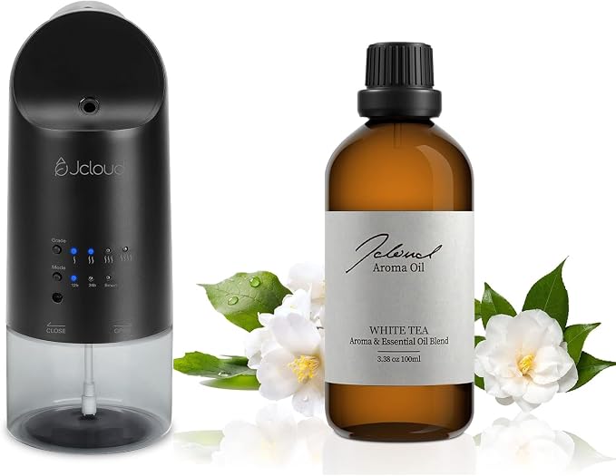 JCLOUD 2025 Plug in Diffuser | Cover Up to 500 Sq. Ft. for Home, Office, Spa – Portable Smart Wall Diffuser 160ML, Black with White Tea Essential Oil | Hotel Scent - 100ml