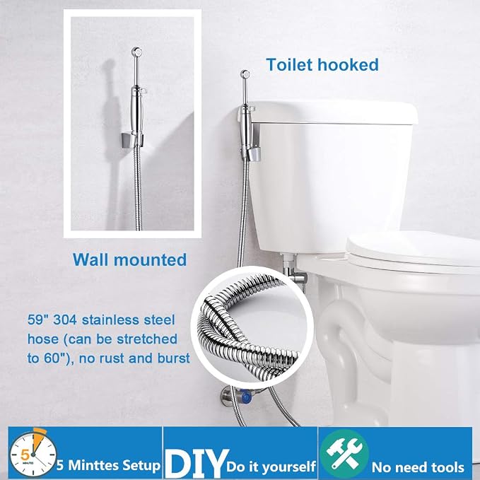 SonTiy Handheld Bidet Sprayer for Toilet, All Metal Cloth Diaper Toilet Sprayer Bidet Attachment with Backflow Preventer, Adjustable Water Jet Spray, 7.2" Brass Hand Held Bidet Wand, Chrome