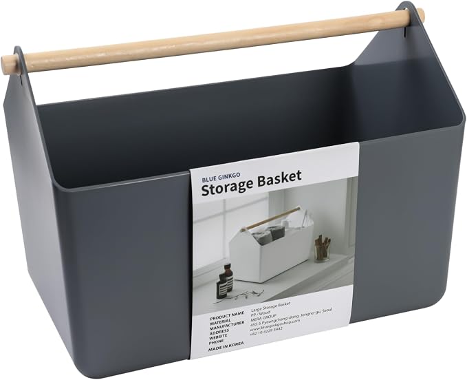 BLUE GINKGO Large Storage Basket – Plastic Caddy with Wooden Handle for Bathroom, Pantry, or Cleaning Supplies (Gray)