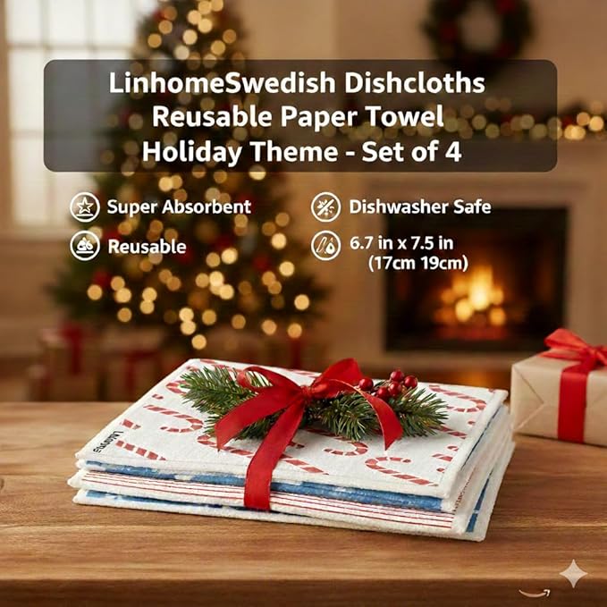 Christmas Holiday Swedish Dishcloth, Reusable Paper Towel, Super Absorbent Cellulose Sponge, Washable Kitchen Cleaning Cloth (Holiday Nutcrackers - 4 Pack)