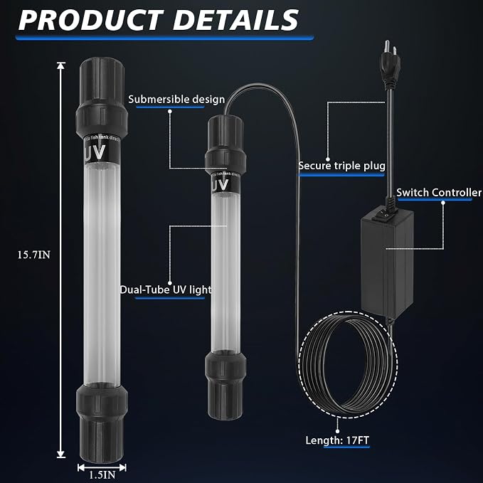32W UV Submersible Aquarium Light for 100-2000 Gallon，Aquarium UV Light Water Clarifier for Pond, Pool, Hot Tub & Cold Plunge with Fish Tank Control
