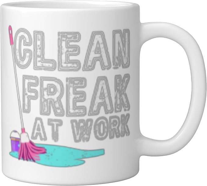 Clean Freak at Work Cleaning Ceramic Mug, White
