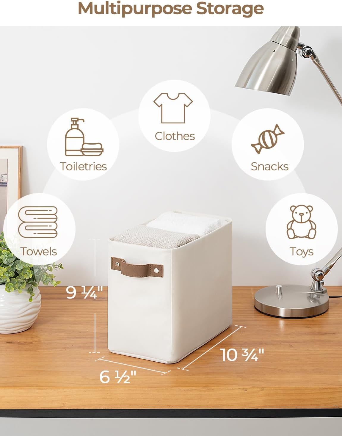 StorageWorks Narrow Storage Bins, Small Basket for Closet and Shelves, Rectangular Fabric Organizer with Handles, Toilet Paper Storage, Beige, 2-Pack