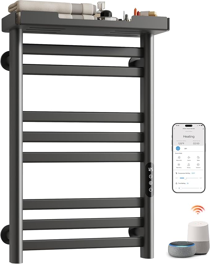 ENZE Smart Heated Towel Rack, 8-Bar Wall-Mounted Electric Towel Warmer with Shelf, Wi-Fi App Control, Adjustable Temperature & 24H Timer, Low Carbon Steel, IPX5, Plug-in/Hardwired, Gray
