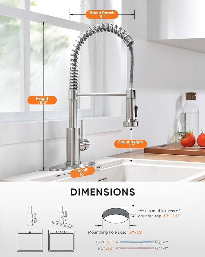 Kitchen Faucets, Brushed Nickel Kitchen Sink Faucet with Pull Down Sprayer Single Handle with Deck Plate Stainless Steel, Suitable for Farmhouse Camper Laundry Rv Bar - OWOFAN 9009SN