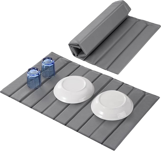 Oxydrily Large Stone Drying Mat for Kitchen Counter, Ultra Absorbent Diatomaceous Earth Mat with PU Leather Cover Fast Drying Collapsible, Dish Mats for Dishes Buttles Cups Countertop Gray 23.6"x15.3"
