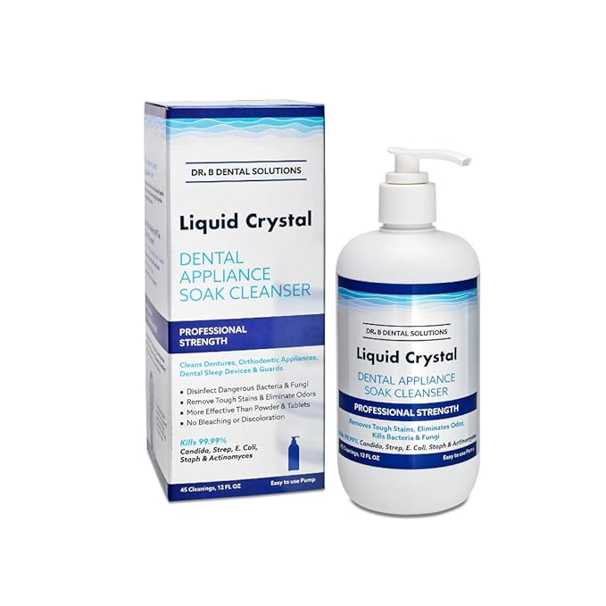 Dr. B Dental Solutions Liquid Crystal Soak Cleanser - Deep Cleaning Formula for Dentures, Retainers, Teeth Aligners, Night Guards & Oral Appliances - Removes Stains, Odors, & Germs - 12 oz