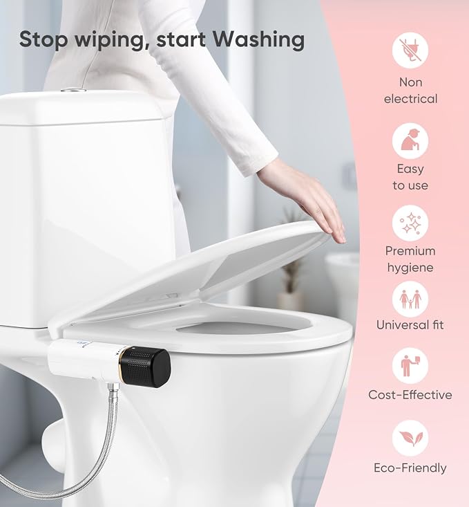 Ultra-Slim Bidet Attachment, Posterior&Feminine Wash-(Retractable Dual Nozzles), Non-Electric Bidet Attachment for Toilet Seat, Adjustable Fresh Cold Water Pressure, Stainless Steel Inlet (BlackGold)