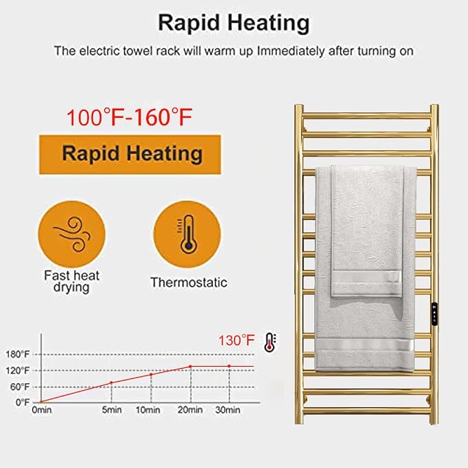 Gold Wall Mounted Heated Towel Rack,Gold Towel Warmers Rack for Bathroom, Timer & Temperature Control Electric Towel Drying Rack (14 Bars Brushed Gold A, Hardwired)