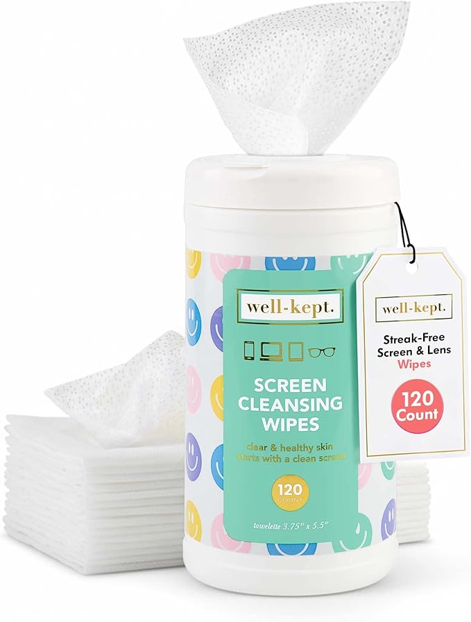 Well-Kept Tech & Lens Wipes - Eyeglass, Screen & Phone Cleaning, Multi-Surface, Lint-Free, Pre Moistened, Streak-Free & Non Scratching - NEW Size - All Smiles Canister, (120 Count)