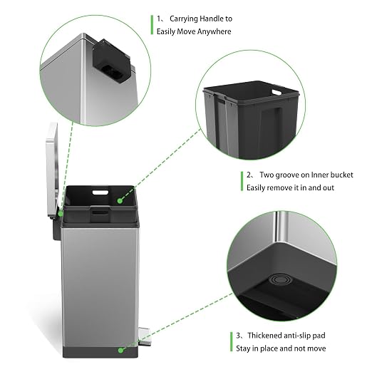 SIMPLYKLEEN Trash Can with Lid - 30 Liter/8 Gallon Square Stainless Steel Trash Can with Odor Protection Kitchen Garbage Cans with Soft-Close Foot Pedal Step Bin for Bathroom Home Office Silver
