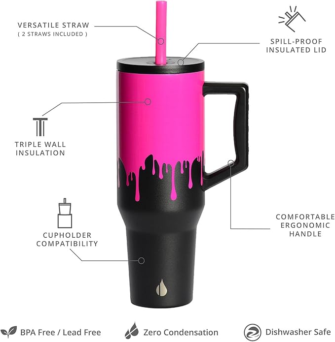 Elemental 40 oz Tumbler with Handle and Straw - Spill Proof Insulated Stainless Steel Commuter for Cold Beverages - Travel Coffee Mug with 2 Straws & Spill Proof Lid - 40oz - Hot Pink Drip
