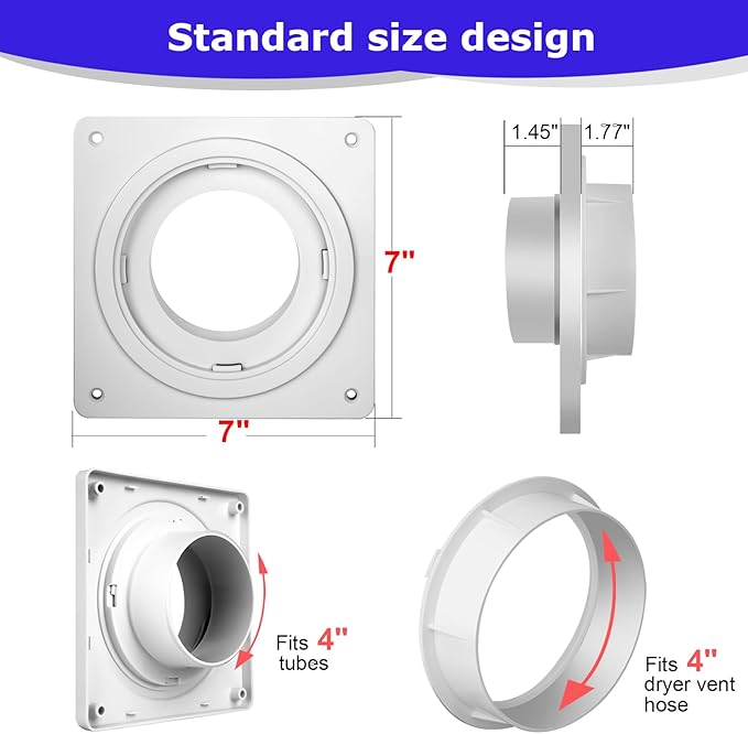 Dryer Vent Connector Kit, Dryer Vent Wall Plate with Quick Connect & Disconnect, Twist Lock Dryer Duct Connector Kit Fits 4 Inch Tubes, Covers Area 7 Inch x 7 Inch, for Dryer Washer Bathroom