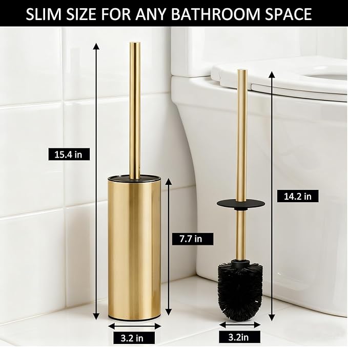 Toilet Brush and Holder Set, NEWRAIN 304 Stainless Steel Toilet Brush with Long Brush Handle, Brushed Gold Toilet Scrubber and Covered Holder, Round Design Sturdy and Space Saving, Covered Brush