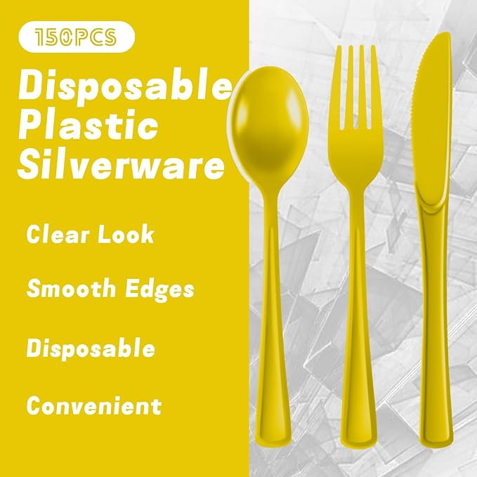 Plastic Silverware 150 PCS Disposable Silverware Heavy Duty Utensil Sets 50 Of Each Forks Knives & Spoons Disposable Cutlery Set For Easter,Birthday,Baby Shower,Garden Party,Wedding(150,Yellow)