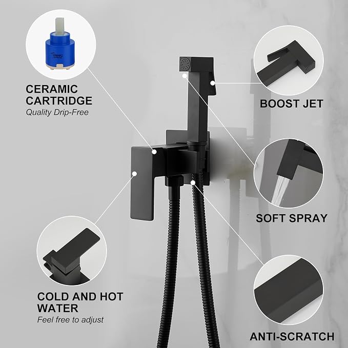 BWE Black Handheld Bathroom Bidet Sprayer Kit with Adjustable Pressure | | Adults & Kids & Pets Cleaning| Hot & Cold Water Control | Leak Resistant Design | Easy Install