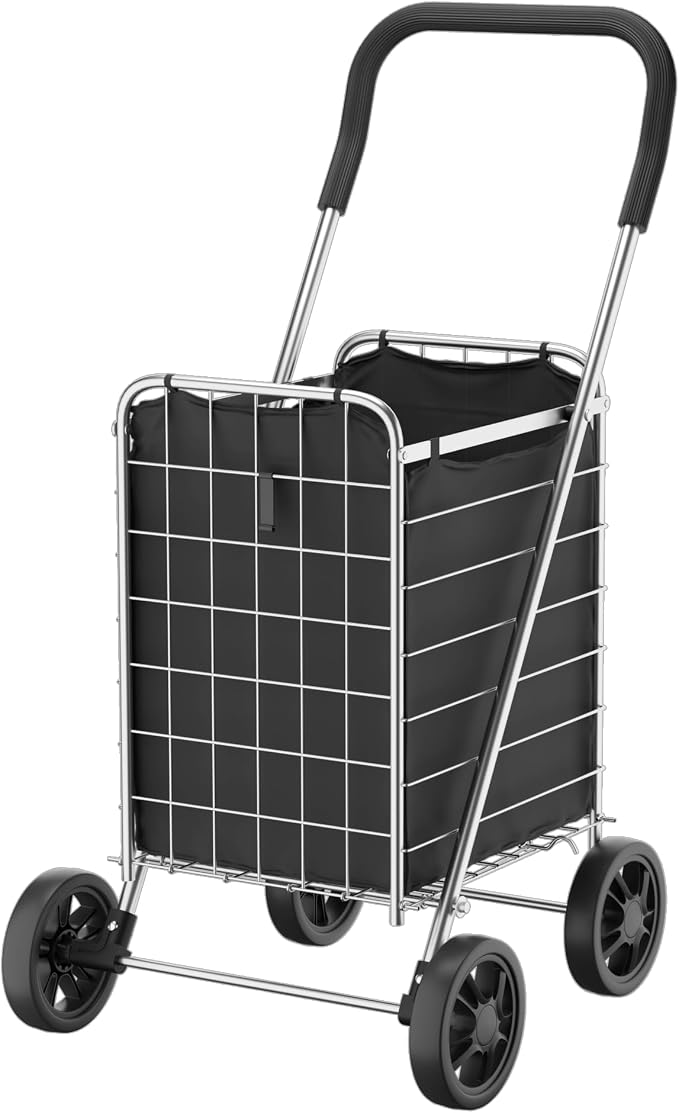 Whitmor Foldable Utility Shopping Cart with Wheels, 60Lb Capacity, Heavy Duty Grocery Cart with Steel Frame, Foam Handle, Rolling Utility Cart for Grocery, Laundry, Travel, Sliver/w Liner