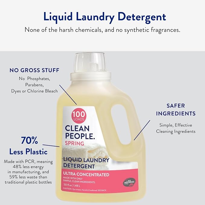 The Clean People Liquid Laundry Detergent - Recyclable Packaging, Stain Fighting - Ultra Concentrated, Laundry Soap - Spring Scent, 200 Loads