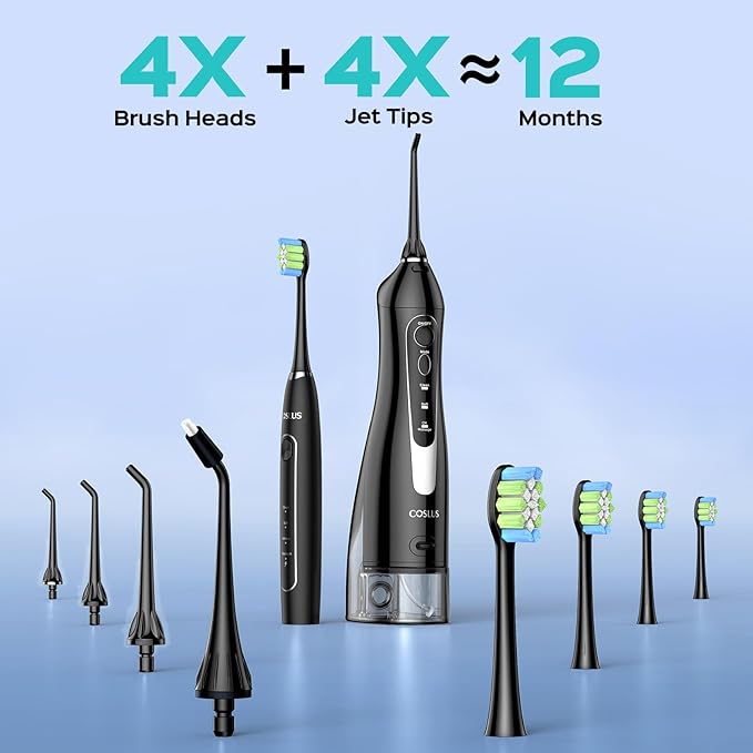 COSLUS C20 & C41 Portable Water Flosser with Electric Toothbrush Combo: 2-in-1 Oral Clean Kit for Teeth, Braces, Gums Care - Brushing & Flossing for Adults, Family, Travel Use, BPA-Free, Black