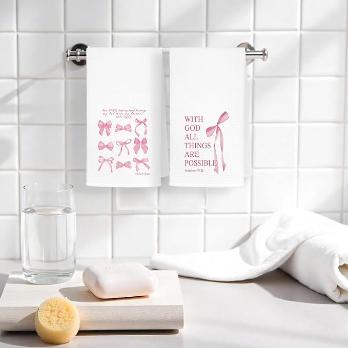 4 Pcs Coquette Pink Bow Bible Verse Hand Towels for Bathroom, Christian Gifts for Women Girls, Inspirational Bible Verse Bathroom Decor Hand Towels, Dishcloth4 Kitchen Towels, 16x24 Inch