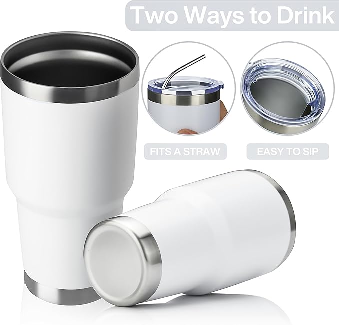 MEWAY 30oz Insulated Tumbler With Lids and Straws,Stainless Steel Double Vacuum Coffee Tumbler Cup, Brush, Durable Powder Coated Coffee Cup for Cold & Hot Drinks, Office, Travel(White,12 PACK)