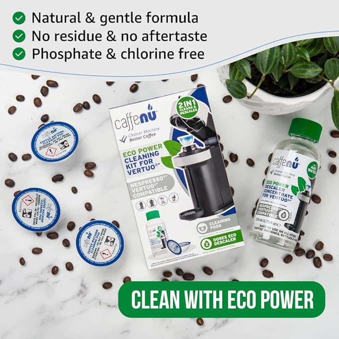 Caffenu Descaling Kit Compatible with Nespresso Vertuo, 2 Uses Descaling Solution and 6 Cleaner Pods. Removes Limescale & Cleans Pod Area. Better Tasting & Hotter Coffee. 4 Months Supply.