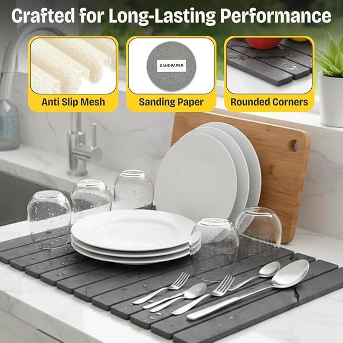 Large Stone Dish Drying Mat for Kitchen Counter, 24"×16" Foldable Fast Drying Diatomaceous Earth Mat, Super Absorbent Stone Drying Pad for Dishes, Cups, Bottles (Grey Marble)