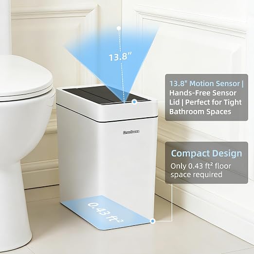 2.7 Gallon Slim Bathroom Touchless Trash Can, Automatic Smart Trash Can with Auto Bagging System, Sensor Lid Waste Bin for Bedroom, Office & RV, White