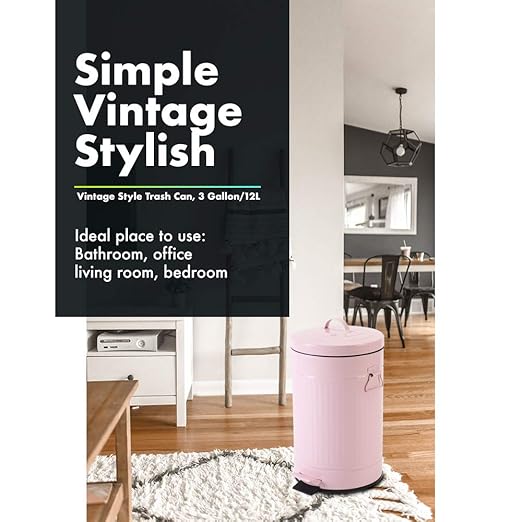 Pink Trash Can with Lid, Bathroom Bedroom Waste Basket Soft Close, Small Garbage Can, Retro Vintage Home Office Trash Can, 12 Liter/3 Gallon, Glossy Pink