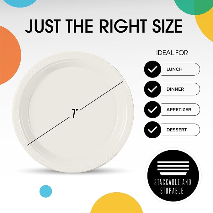 Exquisite Party Solids Ivory Plastic Plates For Party Supplies 7" Ivory Disposable Plates Heavy Duty 50 Pcs Plastic Dinnerware Sets Heavy Duty 350 GSM Disposable Dinnerware Set