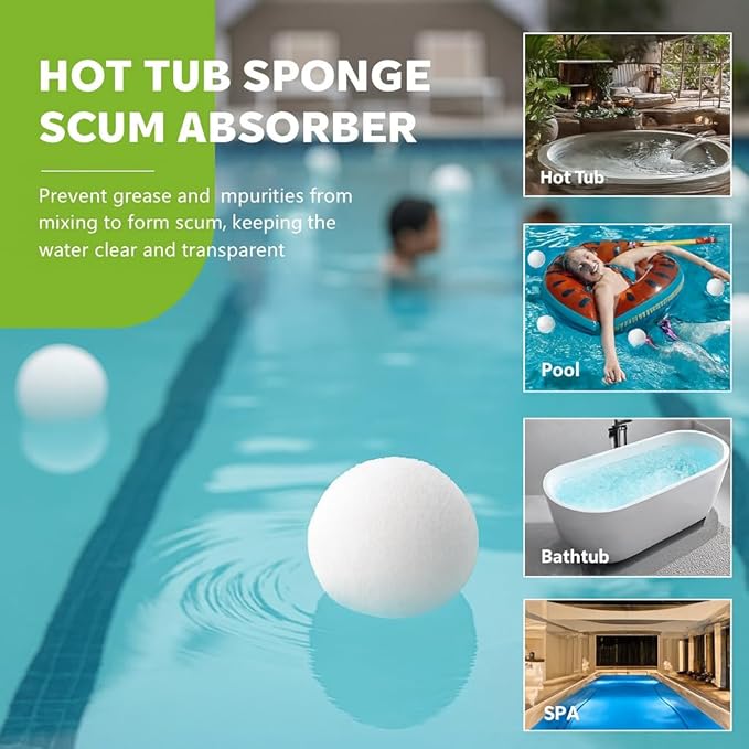 Hot Tub and Pool Scum Balls, Reusable Spa Scum Absorber, 3-Inch Floating Oil Remover, Washable & Durable Cleaner, Spa Sponge Balls, Helps Extend Filter Life (Pack of 6)