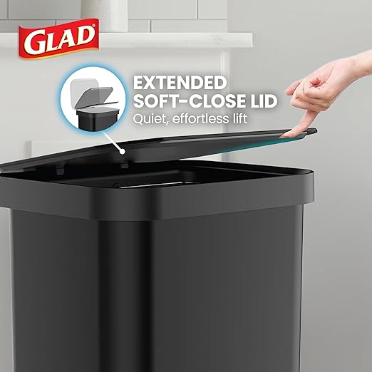 Glad 20 Gallon All Stainless Steel Trash Can with Clorox Odor Protection | Large Metal Kitchen Garbage Bin with Soft Close Lid, Garbage Bag Rings, Step On Foot Pedal and Waste Bag Roll Holder, Black