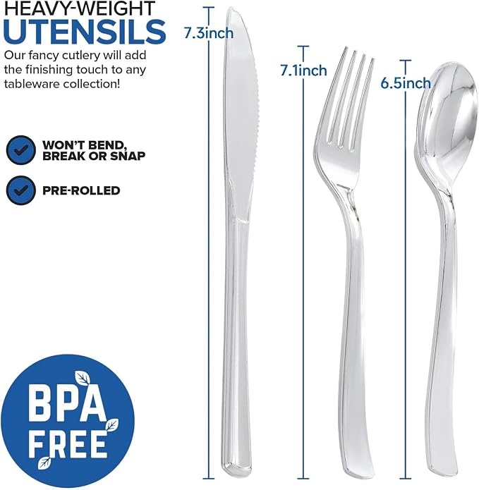 50Guests Pre Rolled Silver Plastic Silverware Sets - Heavy Duty Silver Cutlery - Include 50 Pack Wrapped Disposable Utensils with Napkins for Parties & Dinners & Weddings