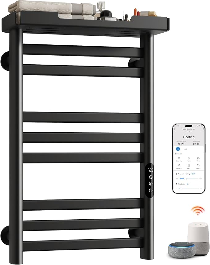 ENZE Smart Heated Towel Rack, 8-Bar Wall-Mounted Electric Towel Warmer with Shelf, Wi-Fi App Control, Adjustable Temperature & 24H Timer, Low Carbon Steel, IPX5, Plug-in/Hardwired, Matte Black