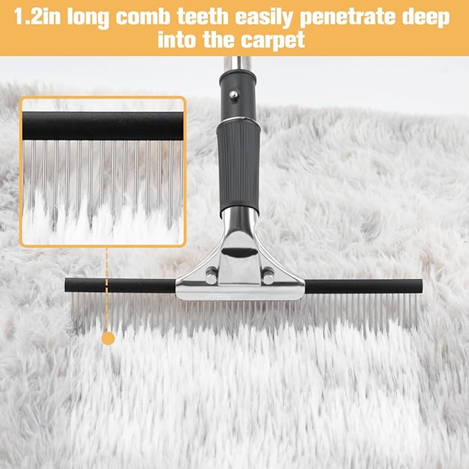 Big Carpet Rake with Long Handle, Making Carpets Fluffy Again, Clean Hair, Let Carpet Restore Softness(Iron, Black and Silver)
