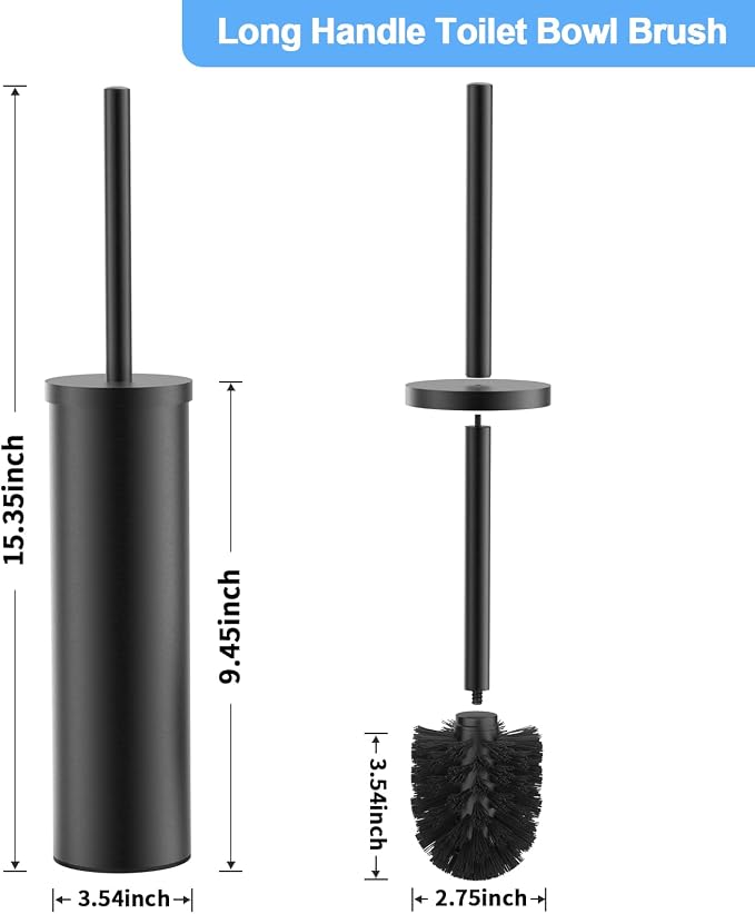 Stainless Steel Toilet Brush and Holder Set Brushed Silver Heavy Duty Toilet Bowl Brush with Long Handle for Bathroom and Farmhouse (Black)