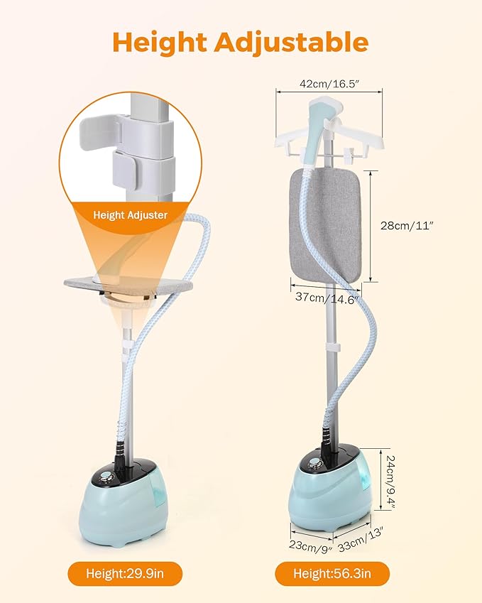 BEAMNOVA Clothing Steamer with Stand, Steam Iron for Clothes, Commercial Standing Garment Steamer, Wrinkle Remover with Ironing Board, 1.8L(61oz) Water Container, 10 Settings, Blue